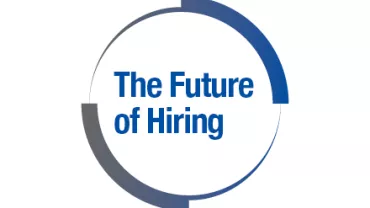 Texto: 'The Future of Hiring' em um círculo azul e cinza.